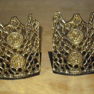 Vintage Brass Metal Israel Brutalist Abstract Bookends Book Ends Coin Medallion